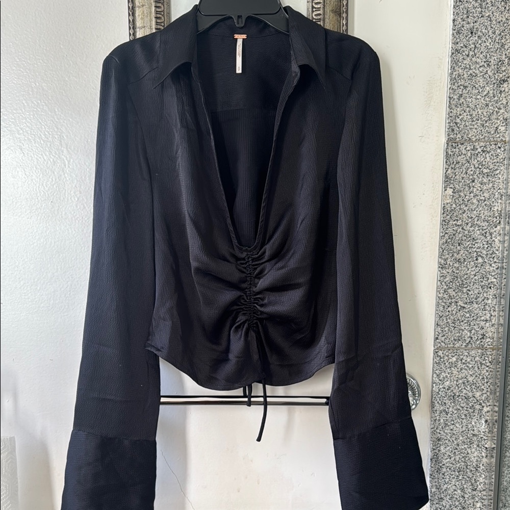 Free People Black Ruched Button-Down Long Sleeve Top